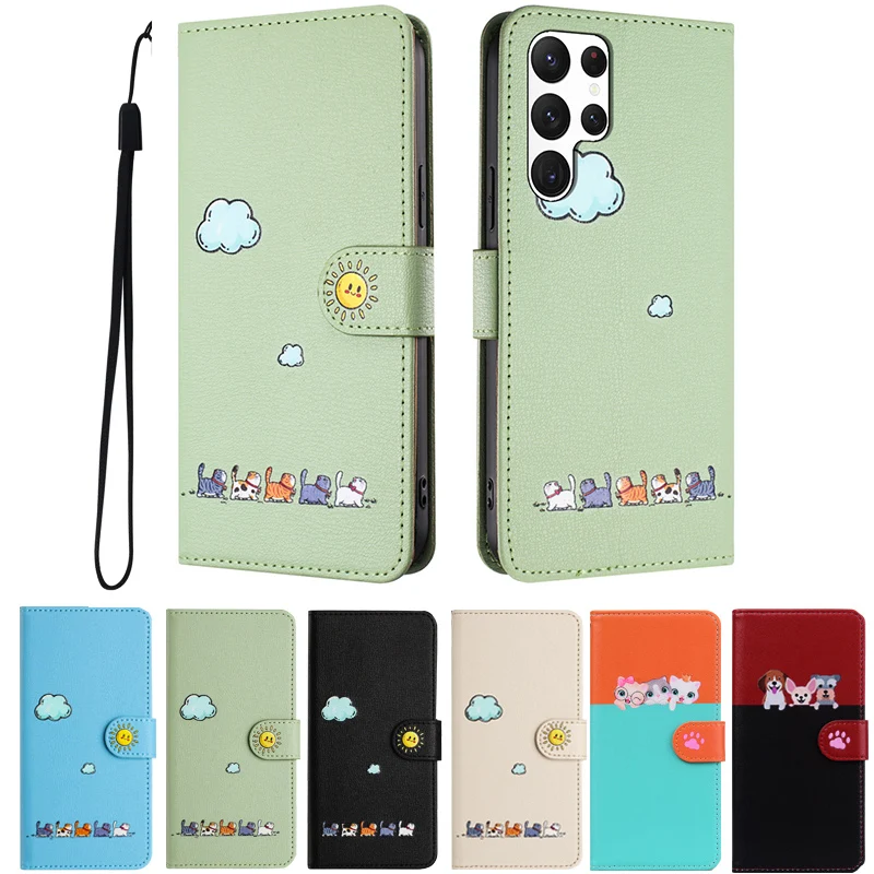 

Fashion Flip Book Leather Wallet Case For Samsung Galaxy S24 Ultra Plus A35 A55 A24 A35 A14 A15 Card Animal Kawaii Cat on Cover