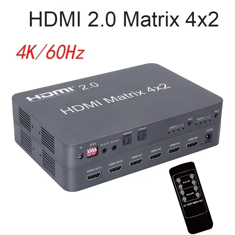 4K 60Hz 4x2 Matrix HDMI 2.0 Video Switch Splitter Converter with Audio Optical 4 in 2 Out for PS4 Camera Laptop PC To TV Monitor