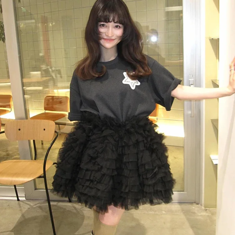 IMU Japanese Sweet Tutu Skirt 2025 Summer New Women's Elastic Waist Mesh Mini Cake Skirt Girls' Fashion Culottes Basic White T-s