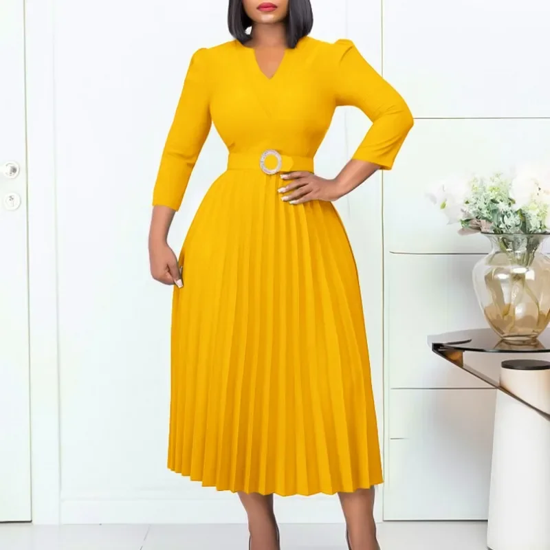 

African Dresses for Women 2024 Summer Elegant African Office Ladies V-neck 3/4 Sleeve Pleated Dress Evening Party Robe with Belt