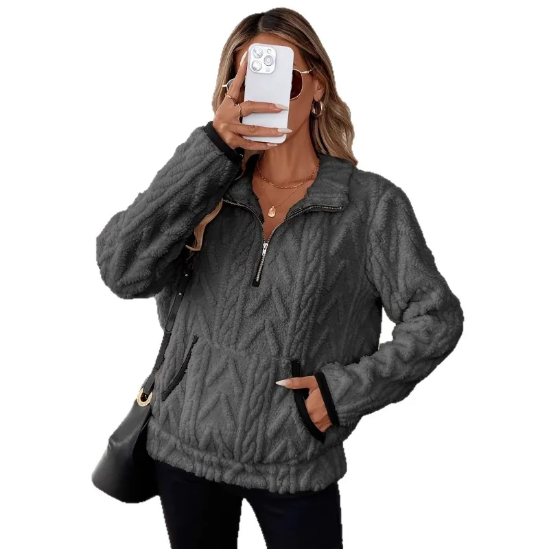 Women Autumn Winter Half Zip Plush Sweatshirt Collared Textured Fleece Pocket Loose Short Casual Pullover