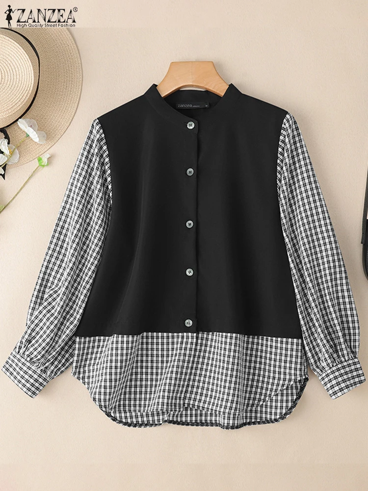 Women Autumn Patchwork Blouse 2025 ZANZEA Vintage O Neck Long Sleeve Plaid Shirt Female OL Work Pullover Mujer Casual Loose Tops