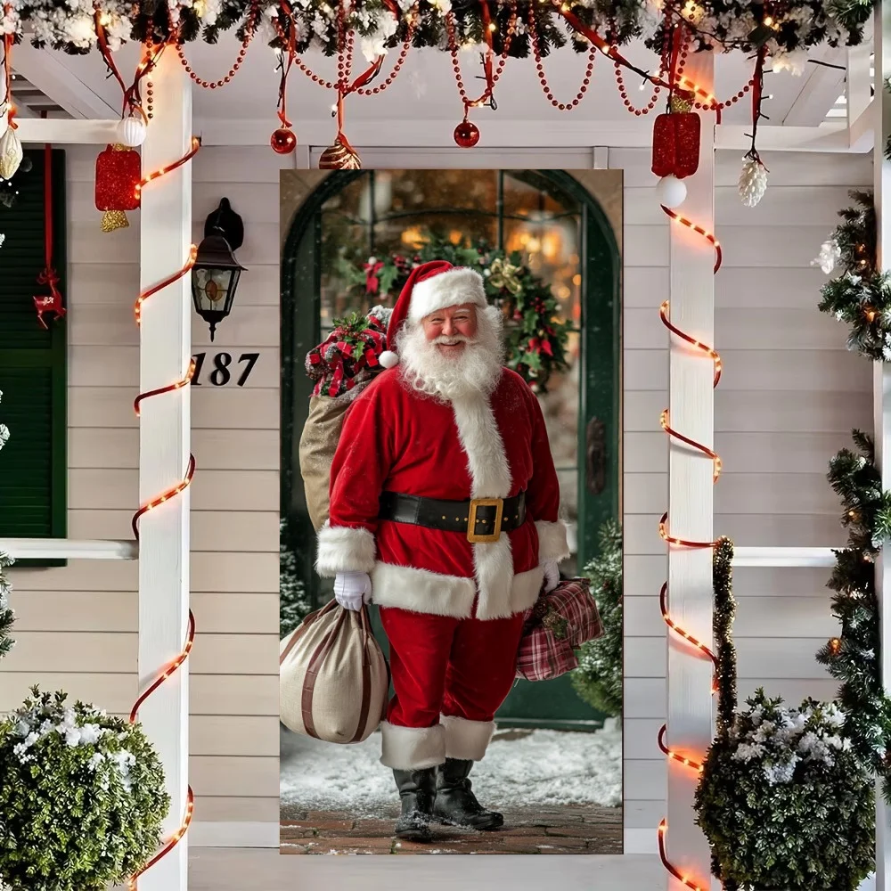 Christmas Door Cover Decorations Santa Claus and Puppy Background Banner for Indoor Outdoor Home Porch Holiday Decor Supplies