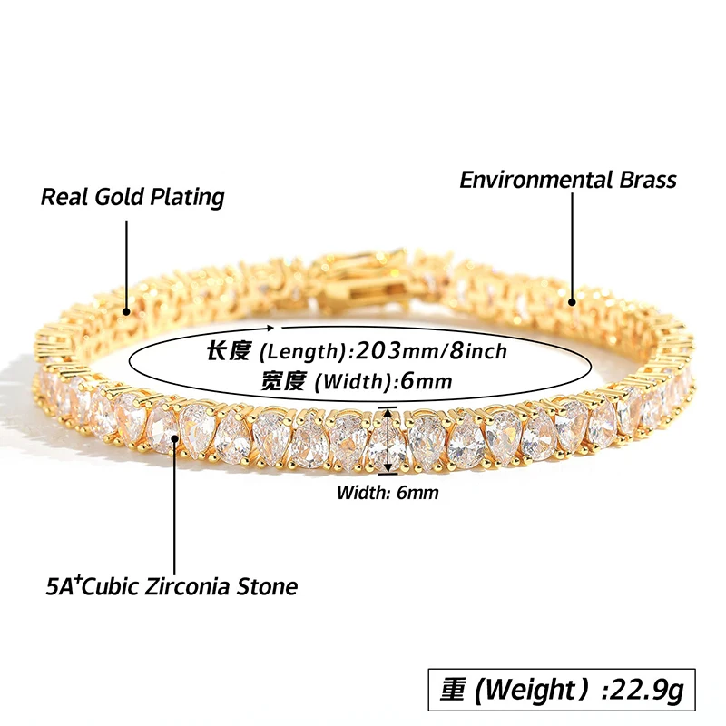Hip Hop 5A+ CZ Stone Bling Iced Out Water Droplets Shape Tennis Link Chain Necklaces for Men Women Rapper Jewelry Silver Color