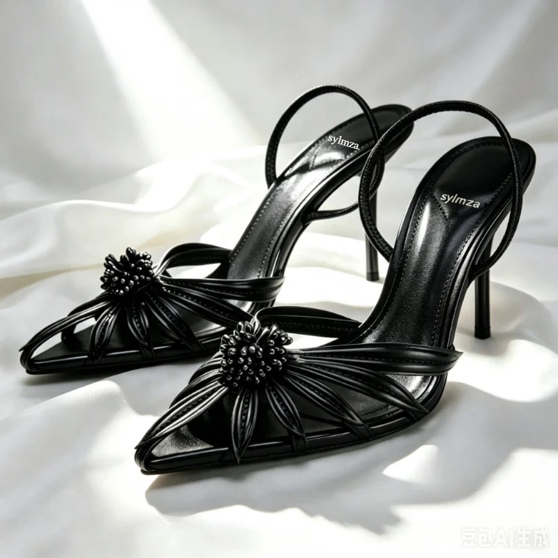 Luxury Gold Floral Detail Slingback Heels Women Unique Laminated Effect Design Pointed-Toe Heel Sandals Elegant Party Dress Shoe view 2