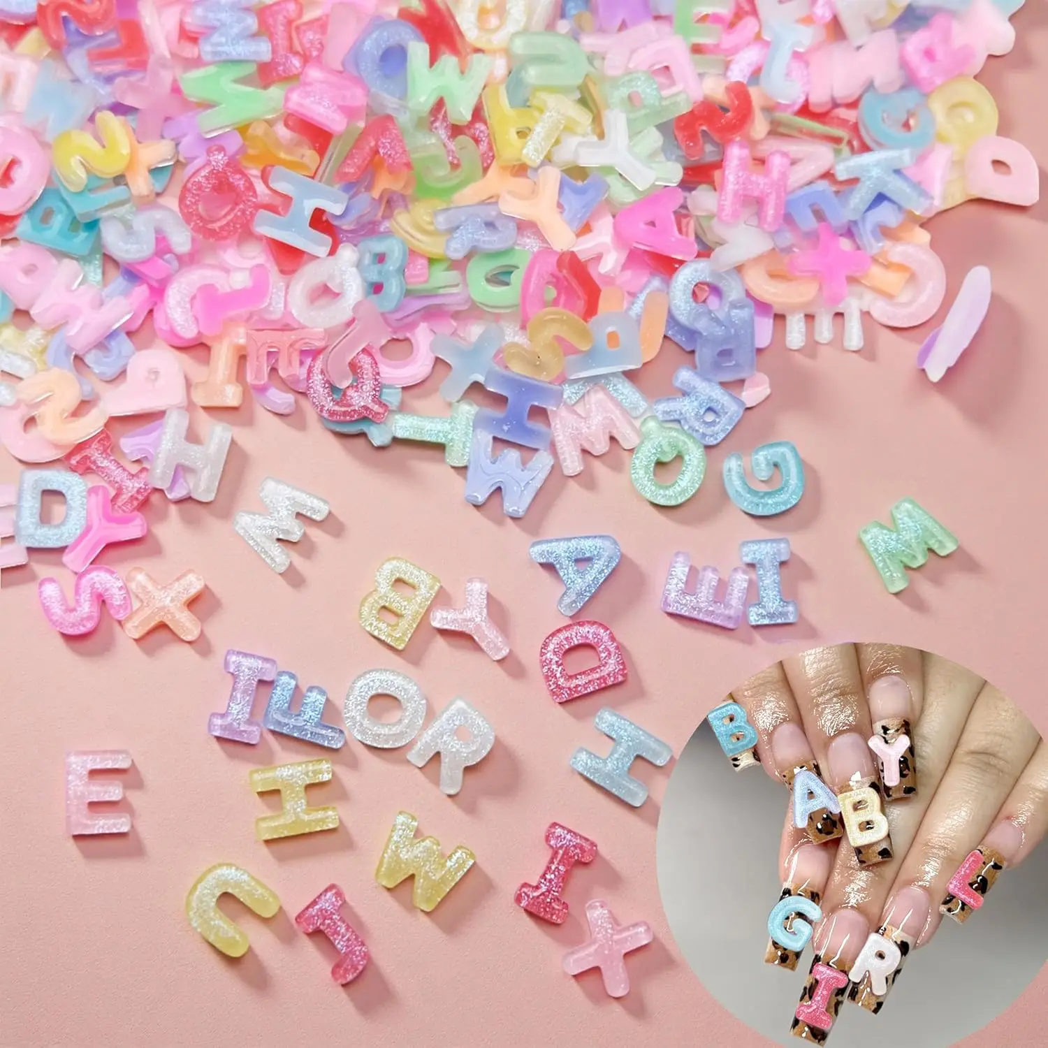 100pcs Ice Transparent 26-Letter Nail Charm Mixed Cartoon Candy Color Nail Art Rhinestones Sweet Resin Craft Nail Accessories *^