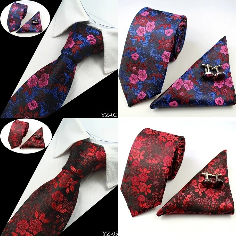 

High End Polyester Silk Color Woven Jacquard Cashew Flower Tie Small Floral Tie Hanky Cufflinks for Men Formal Wedding Party