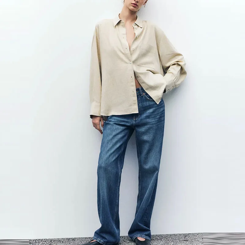 قميص كتان فضفاض بأكمام طويلة للنساء بياقة مقلوبة، موديل ربيع 2025 الجديد من زاداتا، أسلوب عملي بلون واحد