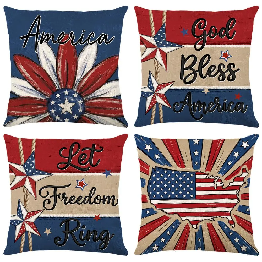 4th of July Pillow Covers 18x18 Set of 4,Red White Flower Pillow Cases Patriotic Independence Day Home Sofa Couch Throw Pillow