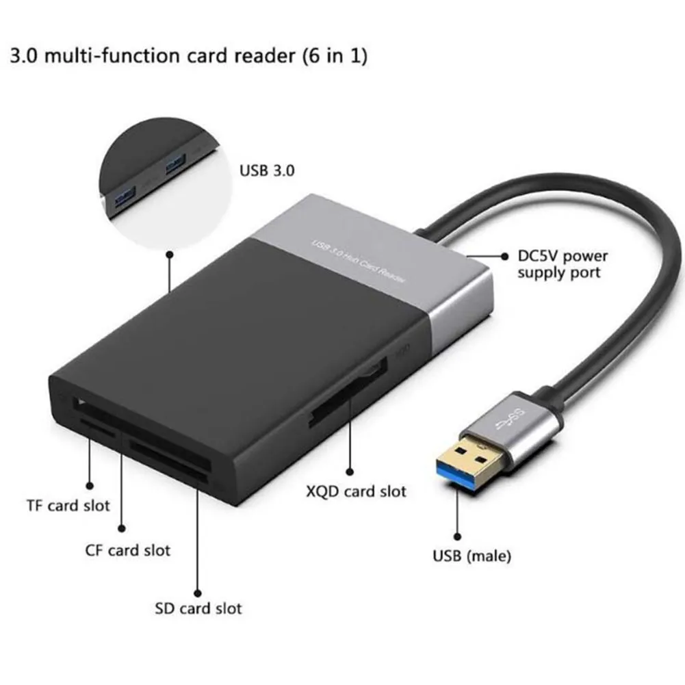 6in1 USB 3.0 HUB Card Reader USB3.0 To CF XQD SD TF Memory Card Reader Writer OTG U Flash Disk Adapter for Windows Mac Laptop PC