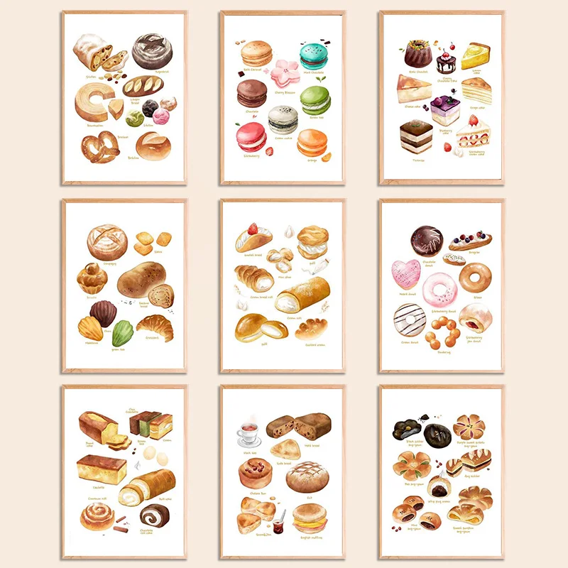 Breakfast Food Posters and  Prints Cake Bread Puff Tea Dessert Wall Art HD Pictures Canvas Painting for Coffee Shop Bakery De
