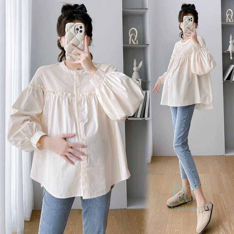 

2024 Spring Korean Fashion Patchwork Maternity Blouses Oversize Loose Tunic Clothes for Pregnant Women Cute Pregnancy Tops