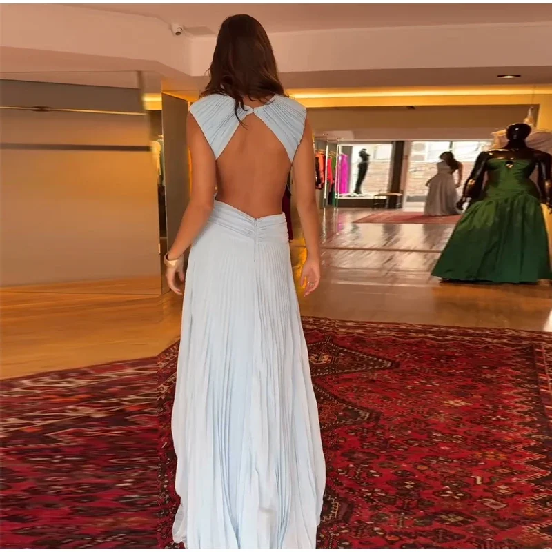 Elegantes 2026 Neues Rückenfreies Damenkleid mit Überkreuz-Taille Ärmelloses A-Linien-Kleid mit Raffungen Langes Abendkleid Formelles Partykleid – Detail 12
