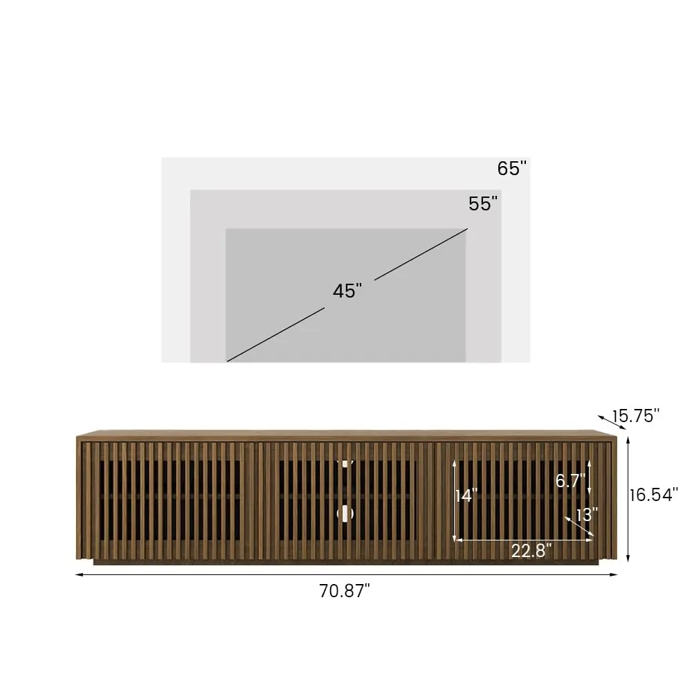 Full Assembled Mid Century Modern TV Stand, Wood Slatted Media Console for 65 inch TV, Entertainment Center with Storage for Liv