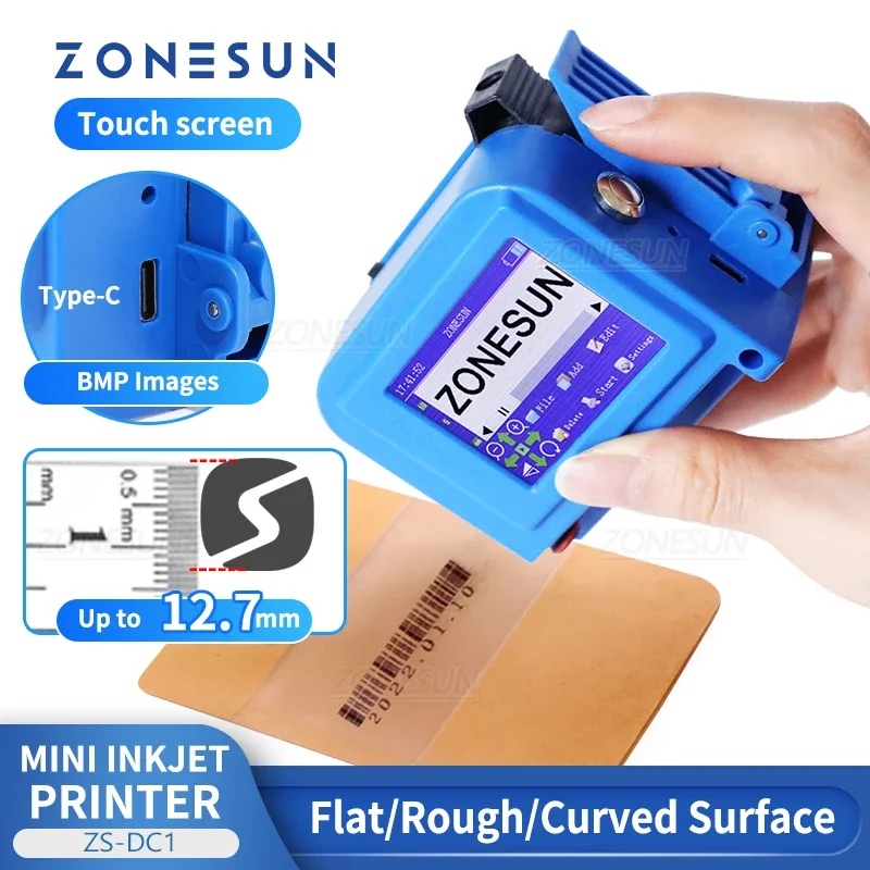 ZONESUN Машина для кодирования даты Портативный струйный принтер 12,7 мм QR-код Штрих-код Пакет последовательного номера Логотип Упаковка изображения ZS-DC1