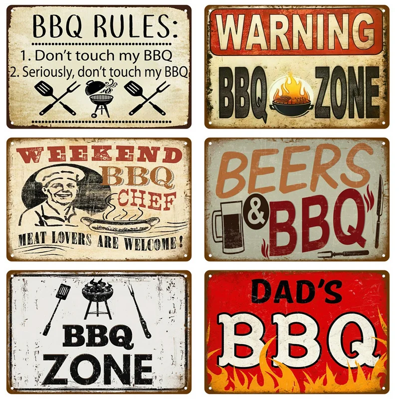 Vintage Aluminium BBQ Beer Slogan Tin Sign, Fork Knife Grill Graphic Wall Decor for Backyard & Patio Bar Home