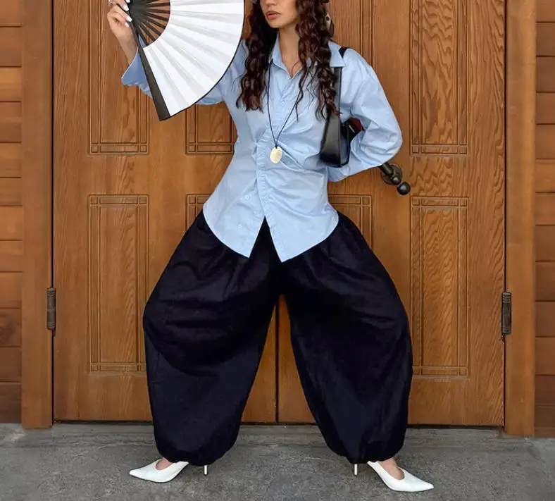 

Woman Blouse 2025 Spring Autumn New Solid Color Turn-Down Collar Long Sleeve Versatile Casual Ruched Slim Fit Daily Shirt