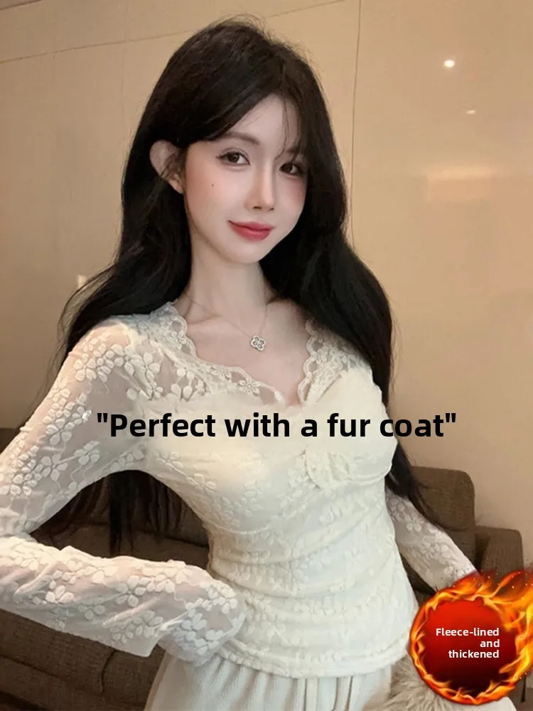 

Флисовая кофта с кружевным V-образным вырезом для женщин, осенне-зимняя, с меховой подкладкой, весенний топ Miu White Pure Desire, премиум-класс