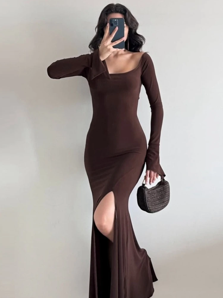 Elegancka sukienka maxi z odkrytymi ramionami, długim rękawem, wiązana w talii, dopasowana, z wysokim rozcięciem, w stylu syreny, vintage chic.