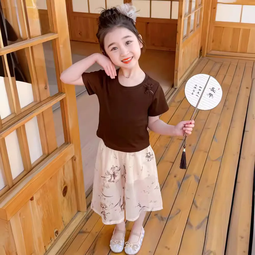 

Girls Two Piece Set 2024 Summer New National Style Short Sleeved T-shirt Pants Casual Simple Fashion Loose Sweet Active Cute