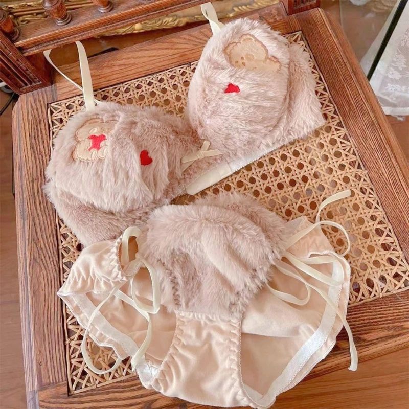 2Pcs Women's Furry Bra and Tie Side Panty Set Bear Print Plush Wireless Underwear Japanese Anime Lingerie