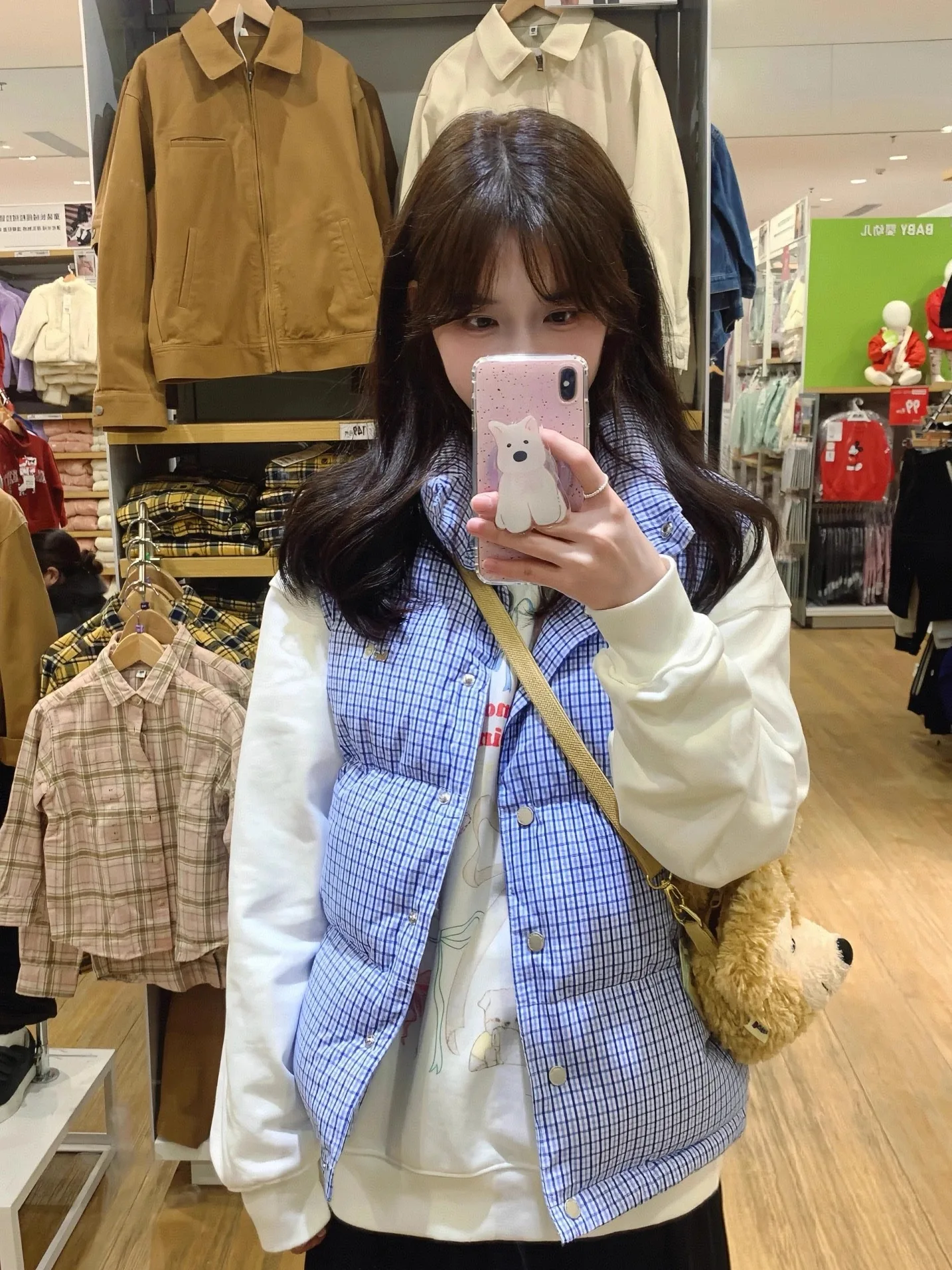 한국 슬레 여성용 체크무늬 강아지 산책 자수 조끼 따뜻한 슬림 아우터웨어 패셔너블 출퇴근 슬레 코튼 셔츠