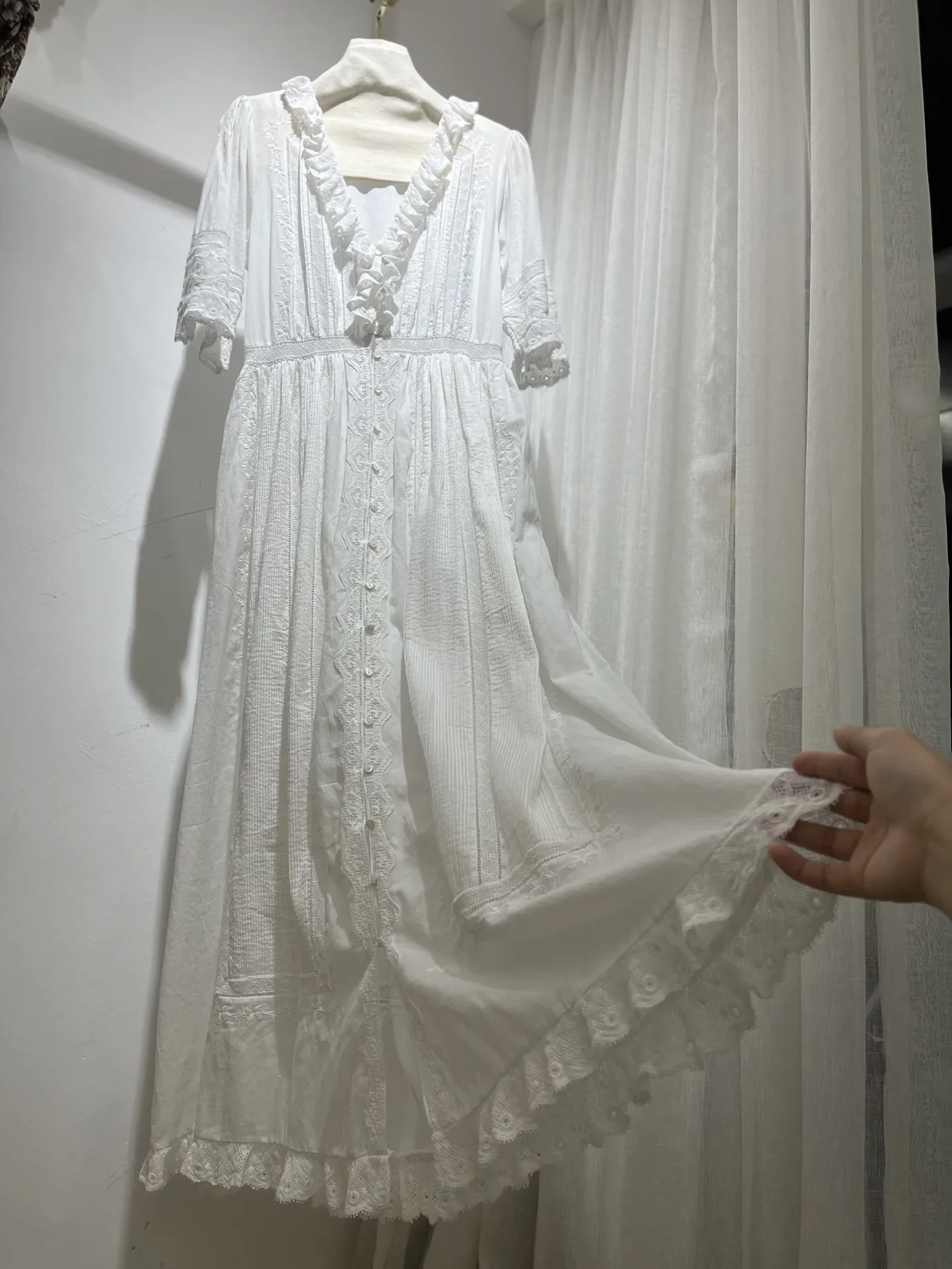 Women's Robe 2024 New Spring Summer Ruffles Embroidery Hollow Out V-Neck Single Breasted Vintage Long Dress