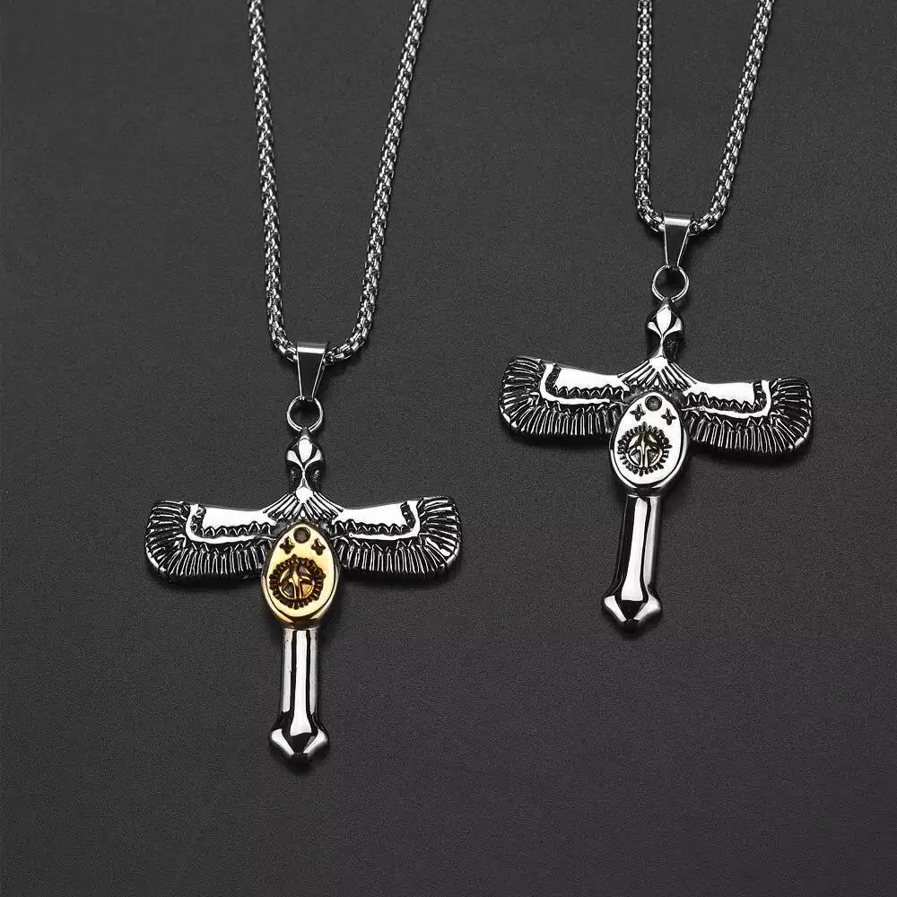 Stainless Steel Men Punk Rock Goros Flying Cross Eagle Animal Pendant Necklace Jewelry Gift For Him