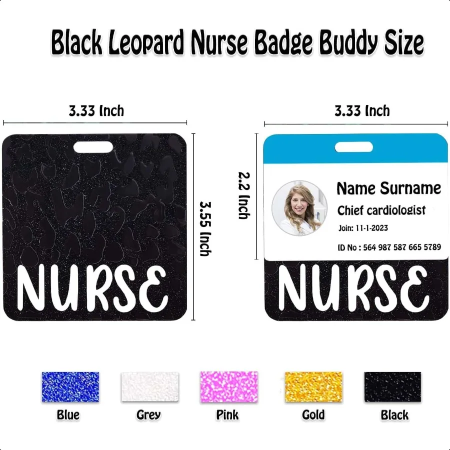 Badge in acrilico Buddy Schede infermieristiche orizzontali con glitter neri per l'identificazione dei badge e regali per il lavoro di infermiere degli studenti
