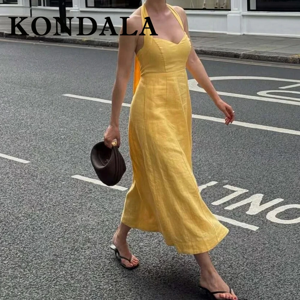 KONDALA Y2K Chic Yellow Streetwear Pleated Woman Dress Elegant Tank Sheath Dress Summer Night Party Fashion 2025 Halter Vestidos