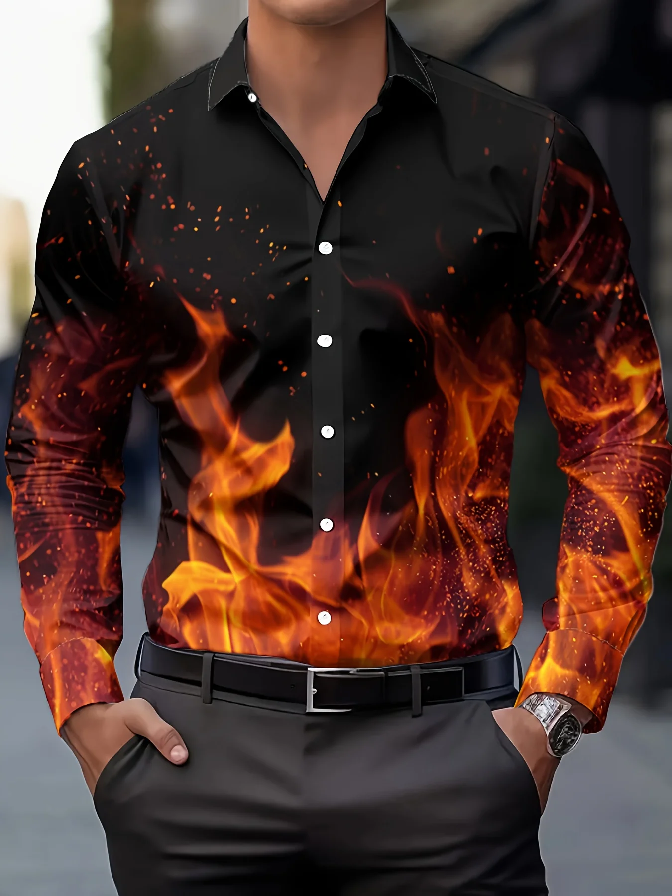 Men Long Sleeve Button Down Shirt Black Fire Flame Glitter Print Polyester Lapel Collar Halloween Party