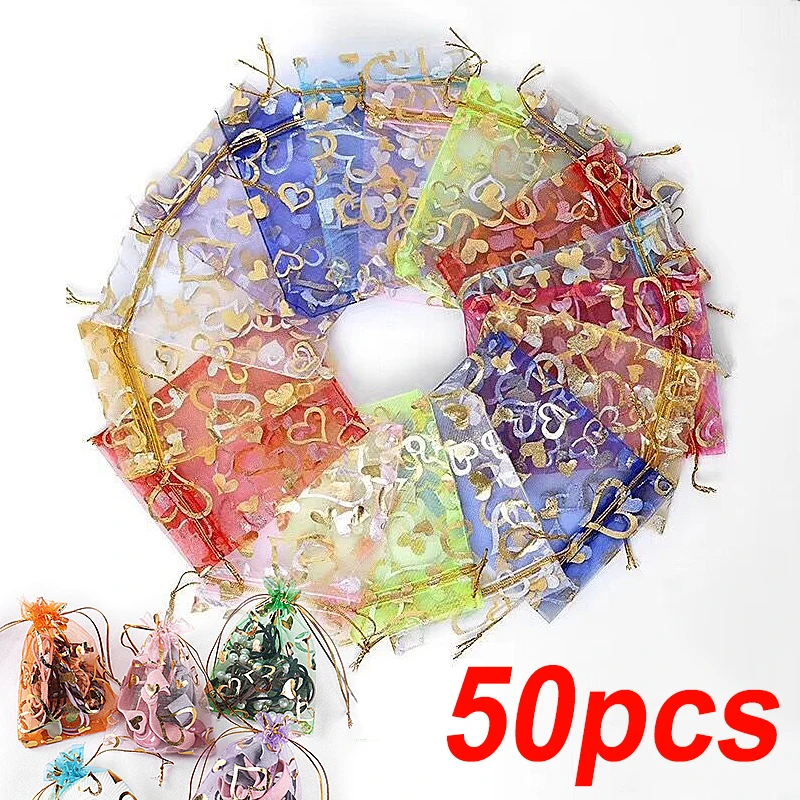 

50 шт., 7x9 см, цвета с сердечками, сумки для ювелирных изделий из органзы с шнурком для рождественских конфет, ювелирных изделий, вечеринки, свадьбы, подарочная сумка