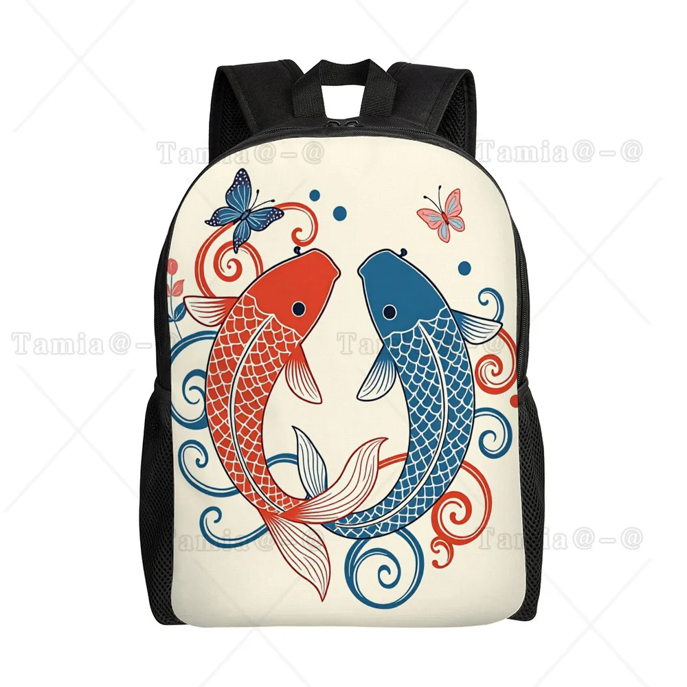 Chinese Style Koi Fish Butterfly Traditional Lucky Koi Print Backpack, Oriental Style Casual Student Backpack