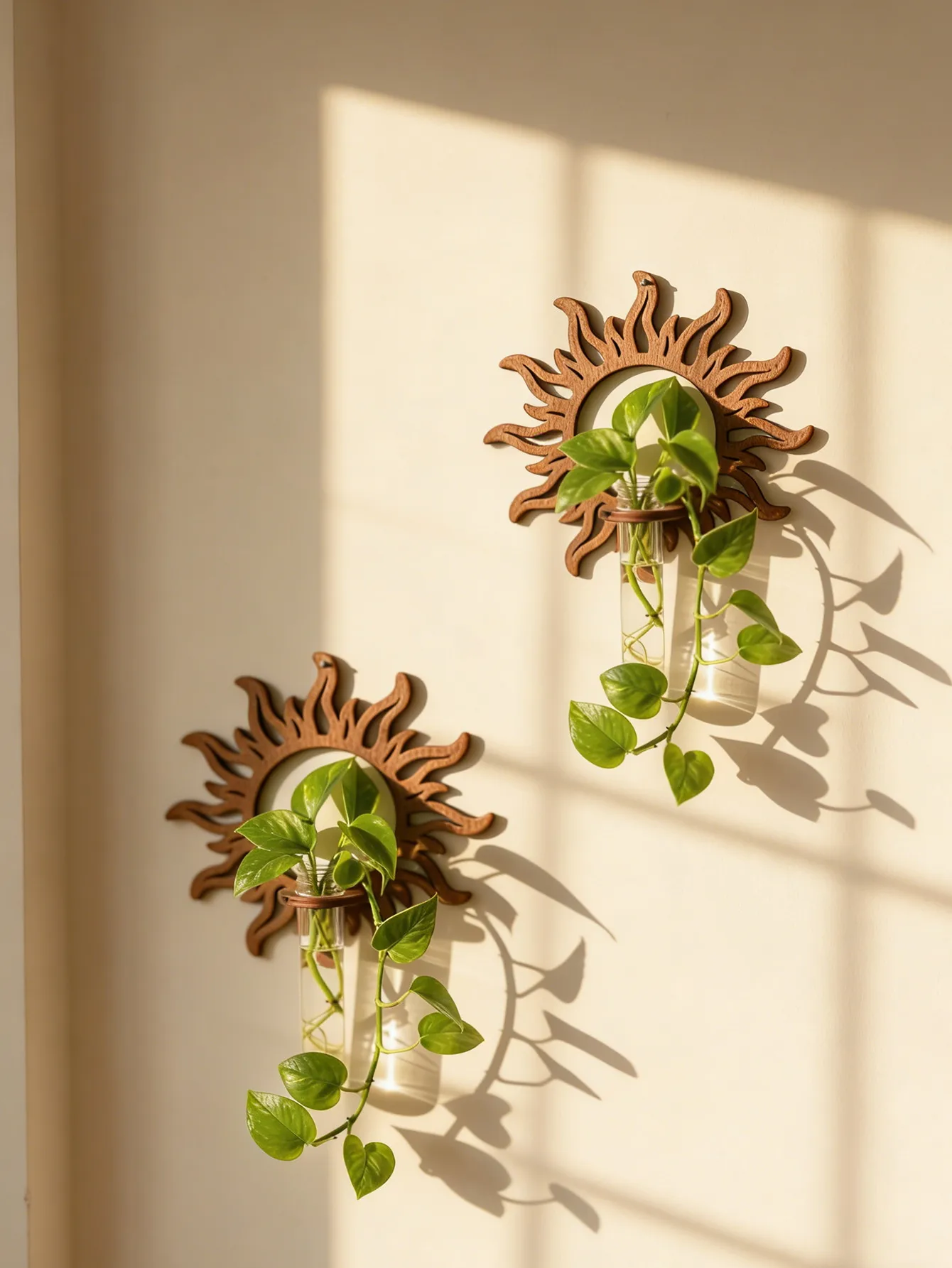 Wooden Wall Hanging Propagation Station Sun/Jellyfish Shaped Plant Test Tube Vase Wall Mounted Hydroponic Planter for Home Decor