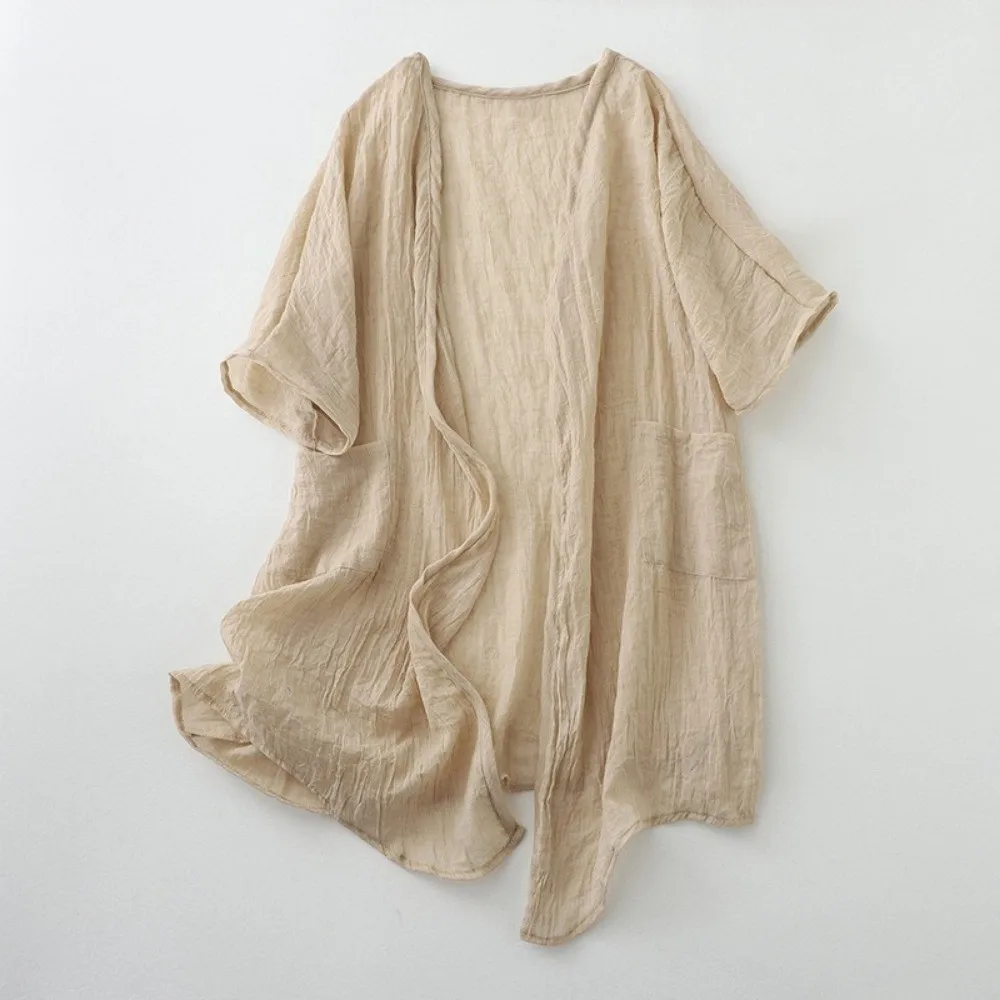 Sunscreen Clothing Short Sleeved Linen Cardigan Loose Front Opening Long Shawl Sunscreen Cover Simple Summer Shirt Casual Wear