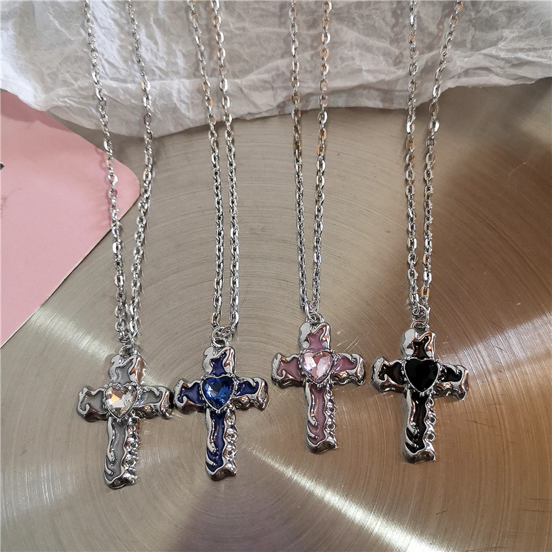 Trendy Vintage Punk Black Pink Blue Transparent Cross Pendant Chain Necklace For Women Men Y2k Cool Neck Jewelry EMO Accessorie