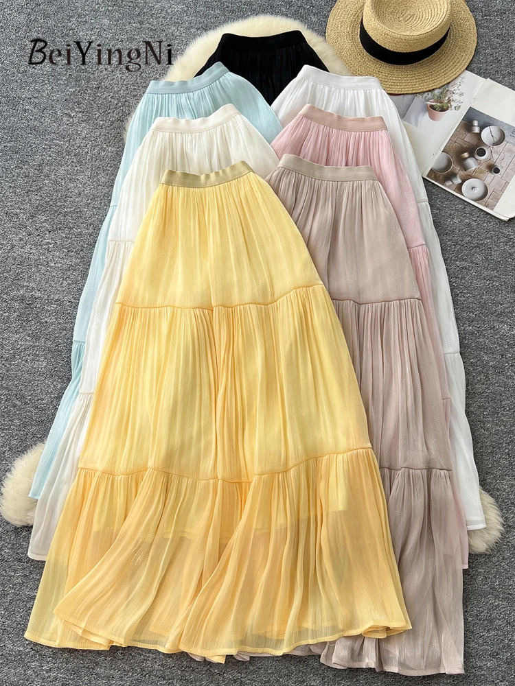 Beiyingni Casual Elegant Midi Skirts for Women Spring Autumn High Waist Pleated Skirt Female 2026 Solid Color Luxury Cake Skirt