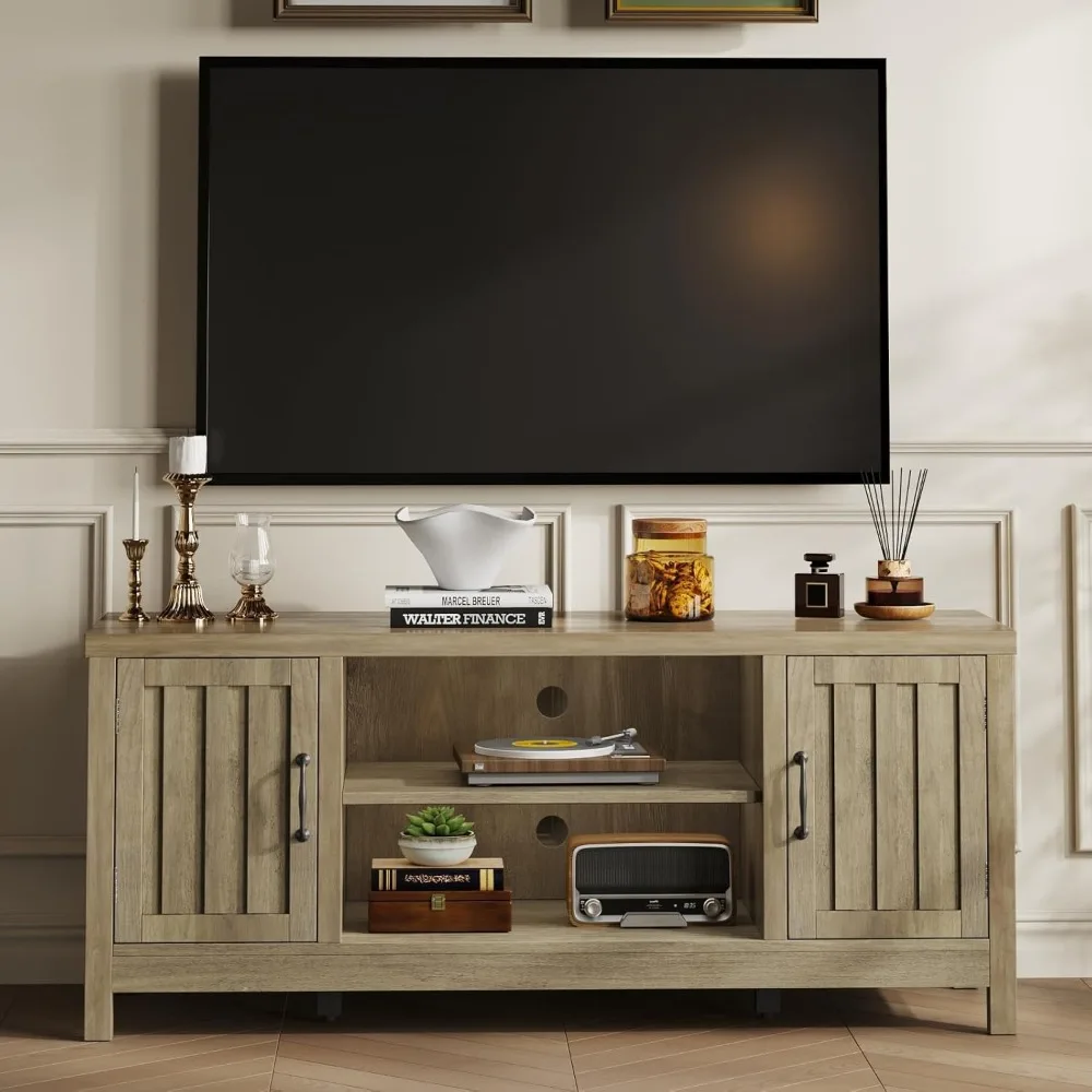 

Farmhouse TV Stand, Wood Fluted Door Entertainment Center with Storage Cabinets and Open Shelves, Rustic Media Console up to 55