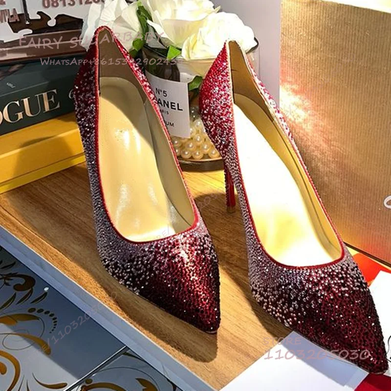 Red Silver Gradient Crystal Pump Ladies Luxury Dress Pointed Party 12Cm Heels Sexy Sandal Autumn Diamond Trim Bling Catwalk Shoe