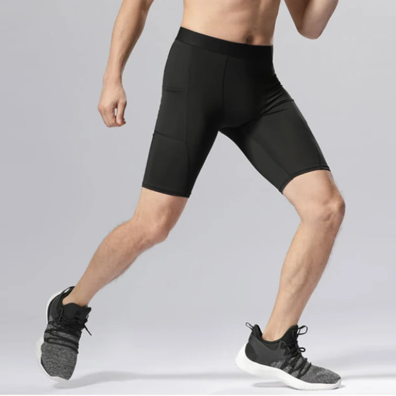 Pop Men's PRO Sports Shorts With Pocket Fitness Exercise Training Boy Running Stretch Quick-Dry Cycling Tights Pants Leggings