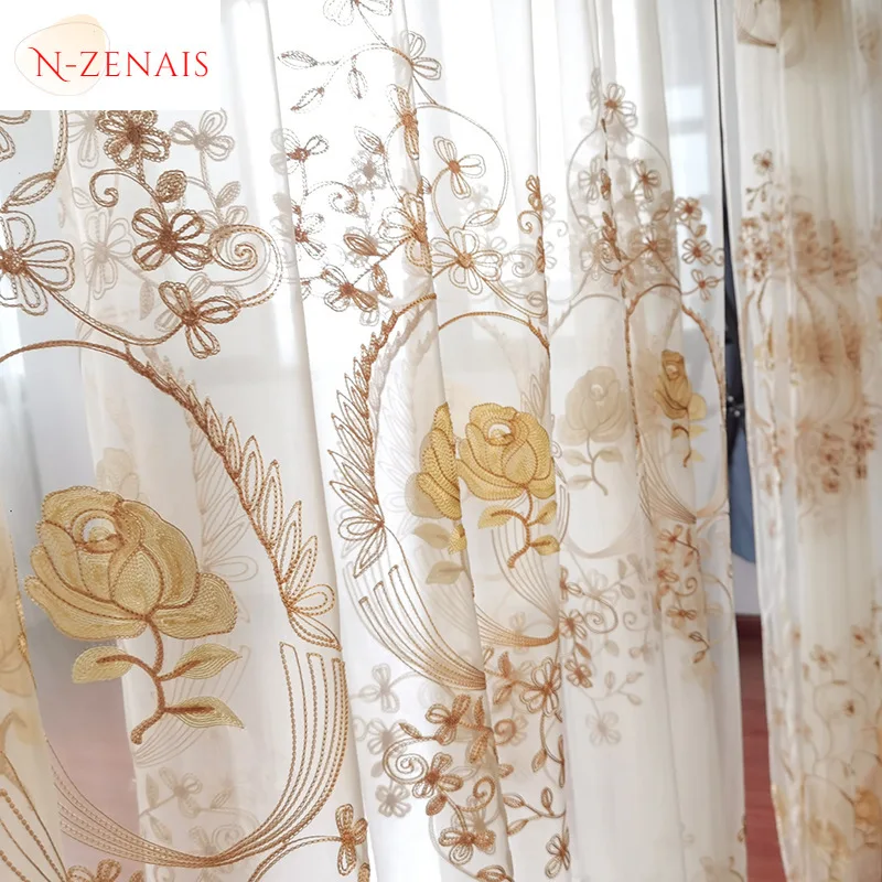 

European Rose Embroidery Beige Gold Tulle Sheer Curtains for Living Room Bedroom Dining Elegant Window Decor Luxury Blackout