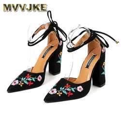 MVVJKE Plus Size Embroidered High Heels Pumps Flower Ankle Strap Shoes Woman Two Pieces Sexy Party Wedding Pointed ToeE056