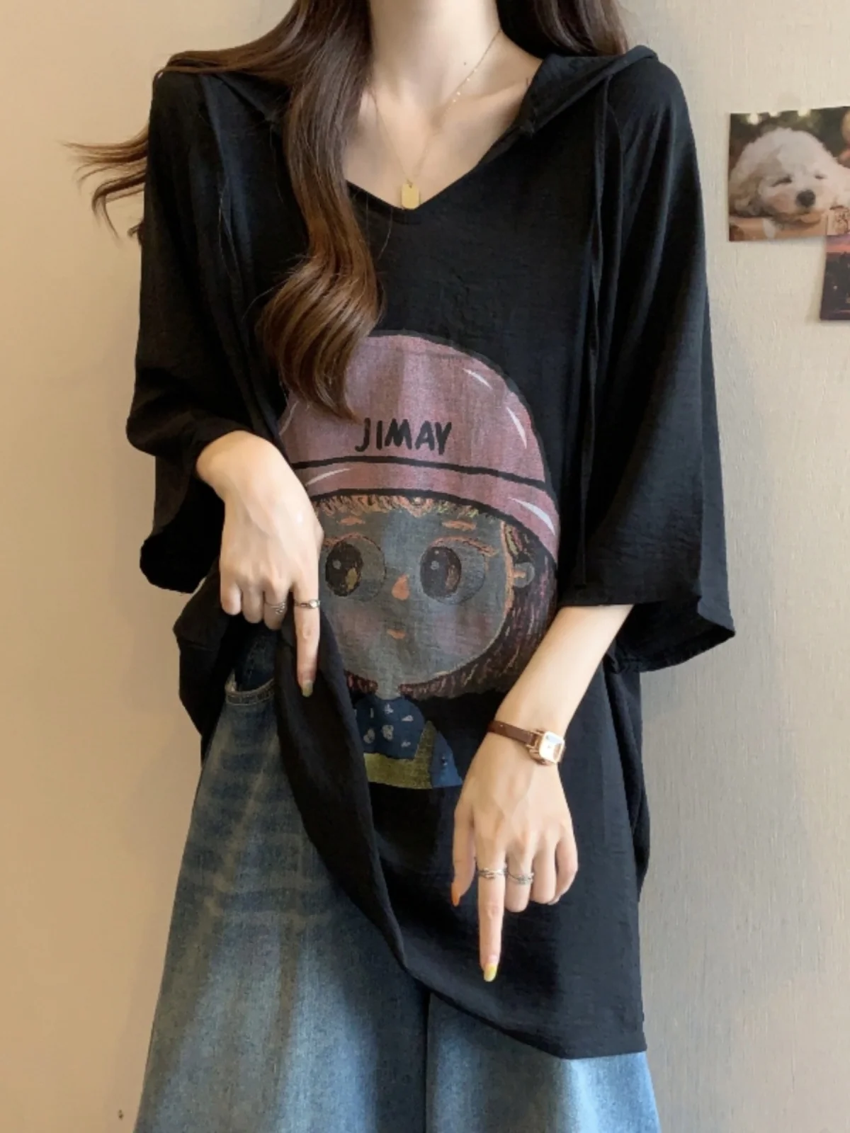Loose Fit Short Sleeve Hoodie T-Shirt Women's Summer Base Layer Shirt plus Size Trendy Mid-Length Butt Covering Top