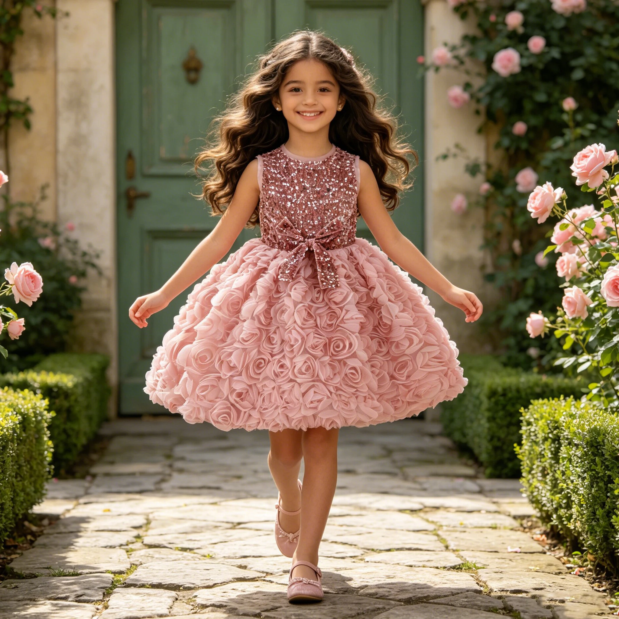 Luxus Pailletten Brautjungfern Hochzeit Prom Mädchen Kleid Elegante Rose Blume Geburtstag Prinzessin Kleider für Mädchen Rosa Abend Ballkleid
