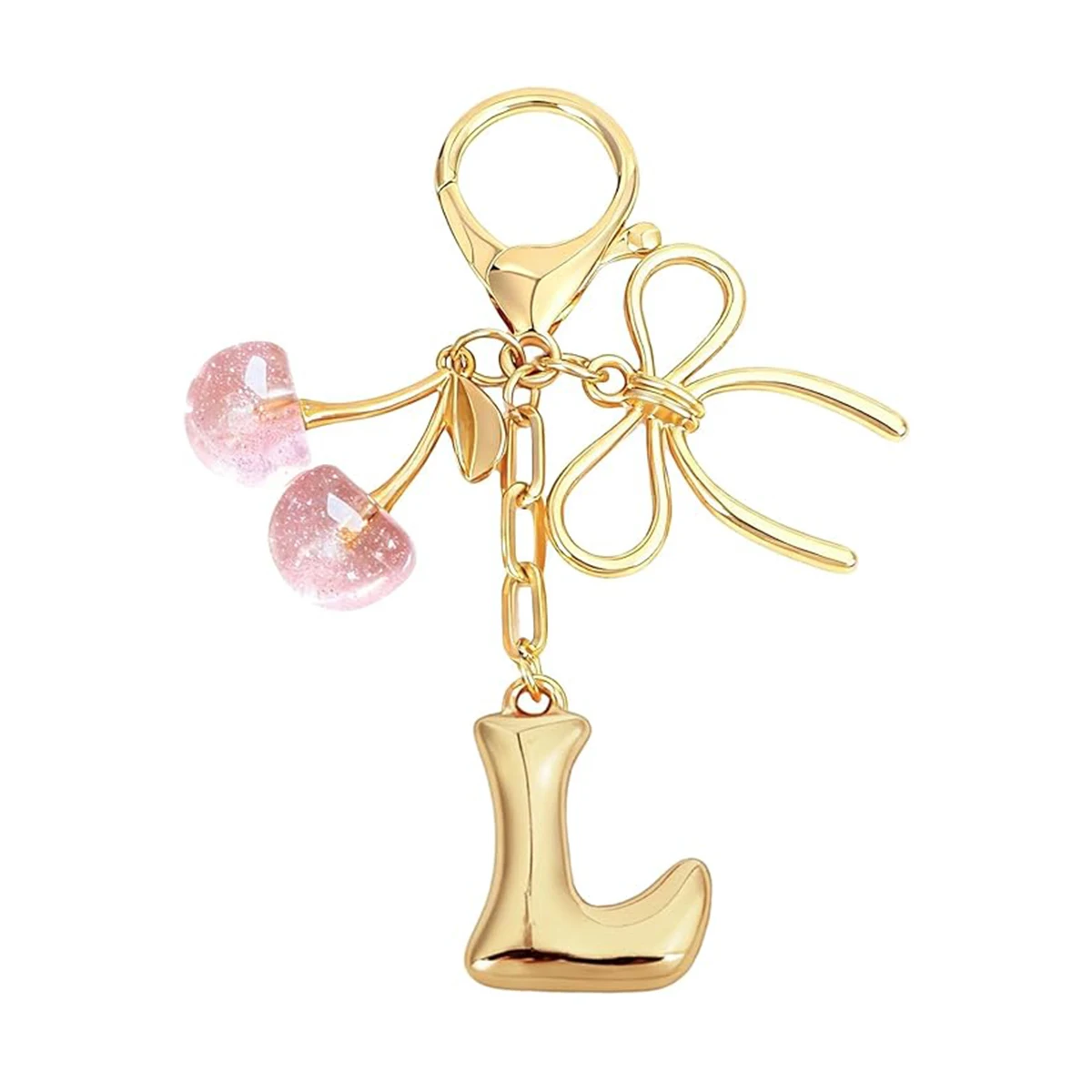 Gold Letter Bubble Initial Keychain with Bow & Cherry, Cute Handbag Accessory