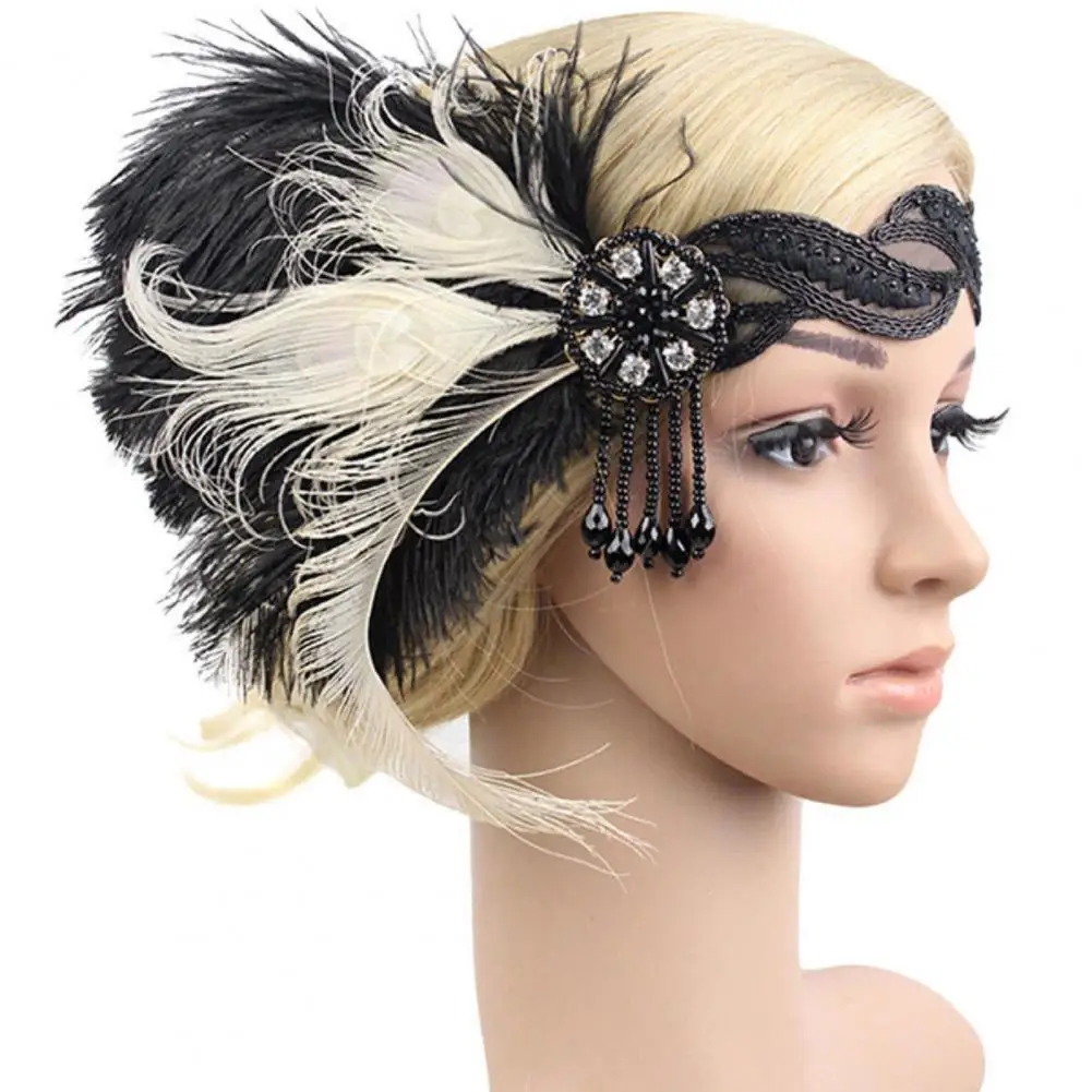 Hair Accessories Black Rhinestone Beaded Sequin Hair Band 1920s Vintage Gatsby Party Headpiece Women Flapper Feather Headband