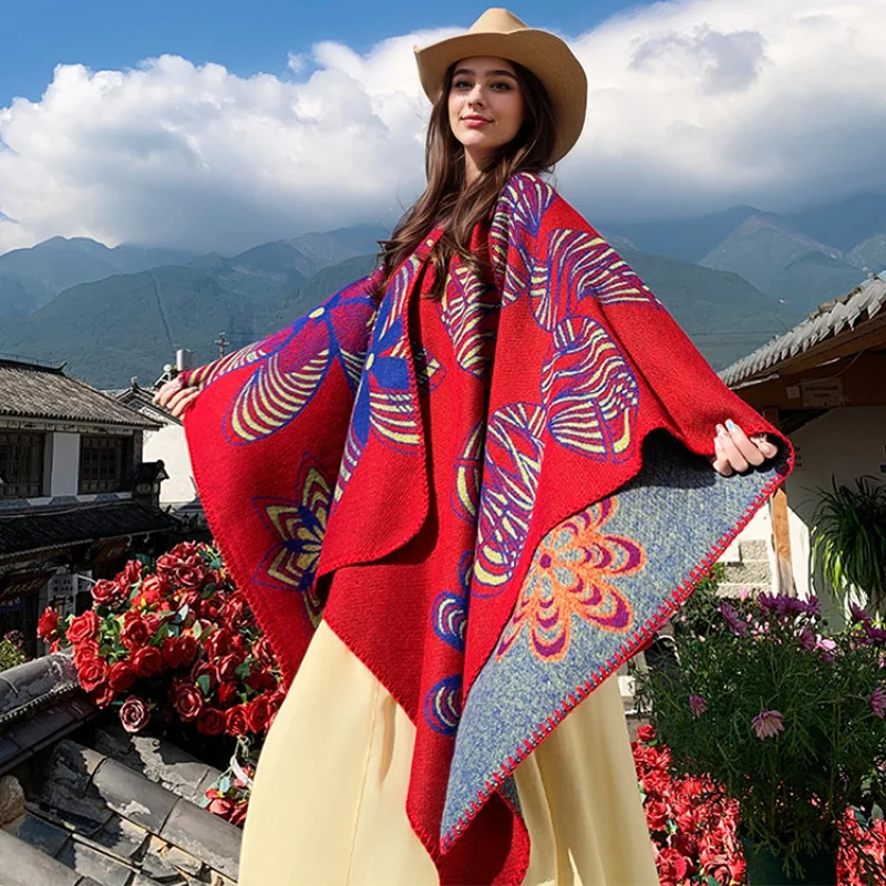 

Split Knitted Shawl For Women, New Spring And Autumn Outerwear Cape With Tassels, Double-Sided Scarf Girls