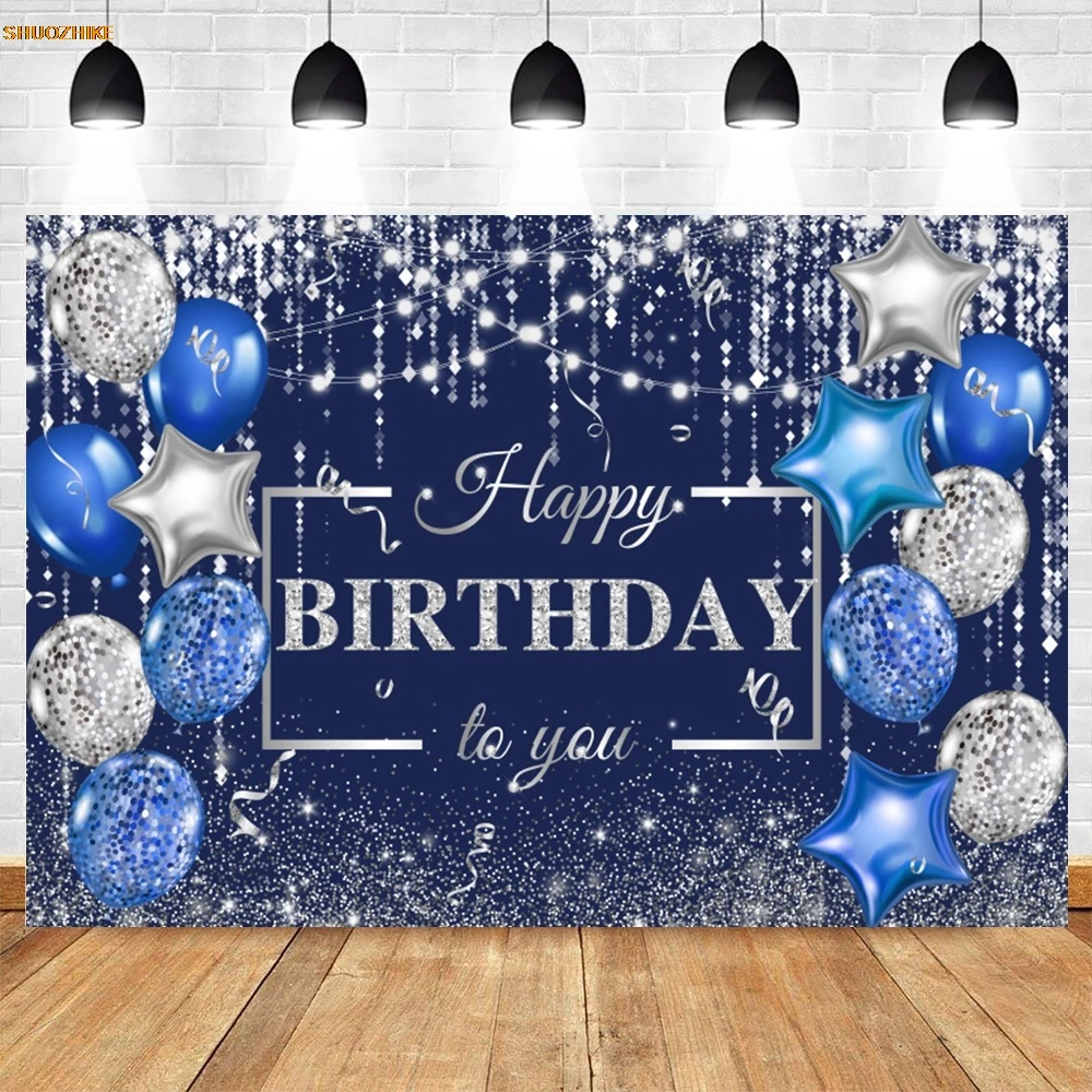 Fondo azul de feliz cumpleaños, globos con manchas brillantes, niños, mujer, hombre, fiesta de cumpleaños, fotografía personalizada, decoración de fondo, pancarta