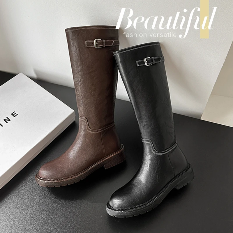 

Women's new autumn and winter round toe leather cowhide metal belt buckle, mid heel and knee high tube motorcycle boots