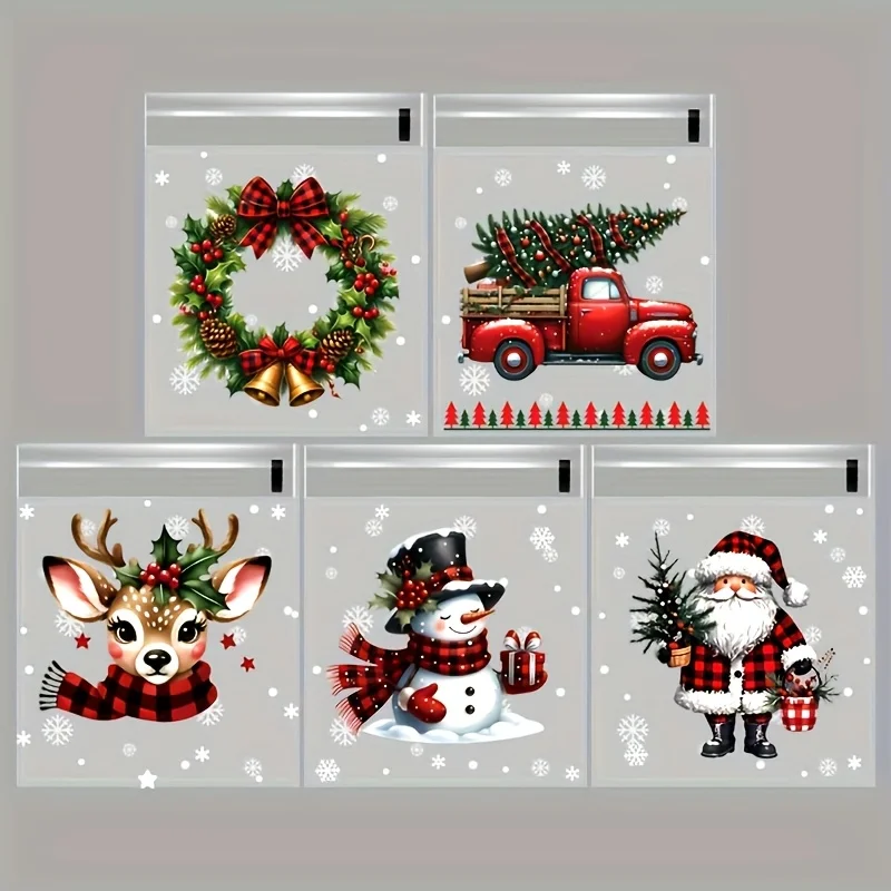50/100pcs Christmas Gift Wrapping Bags with Snowflake, Santa Claus, Reindeer, and Holly Print - Self-Adhesive Packaging Bags